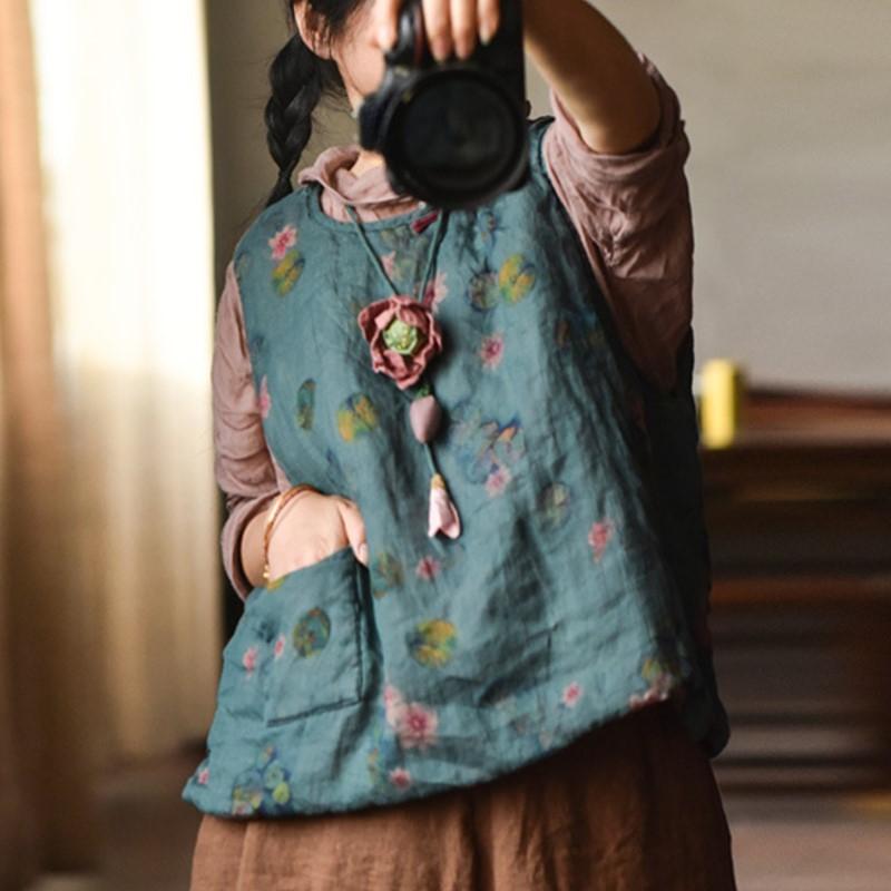 Johnature Women Vintage Print Floral Pullover Vests Coats O-Neck Patchwork Pockets Clothes Spring Chinese Style Vests