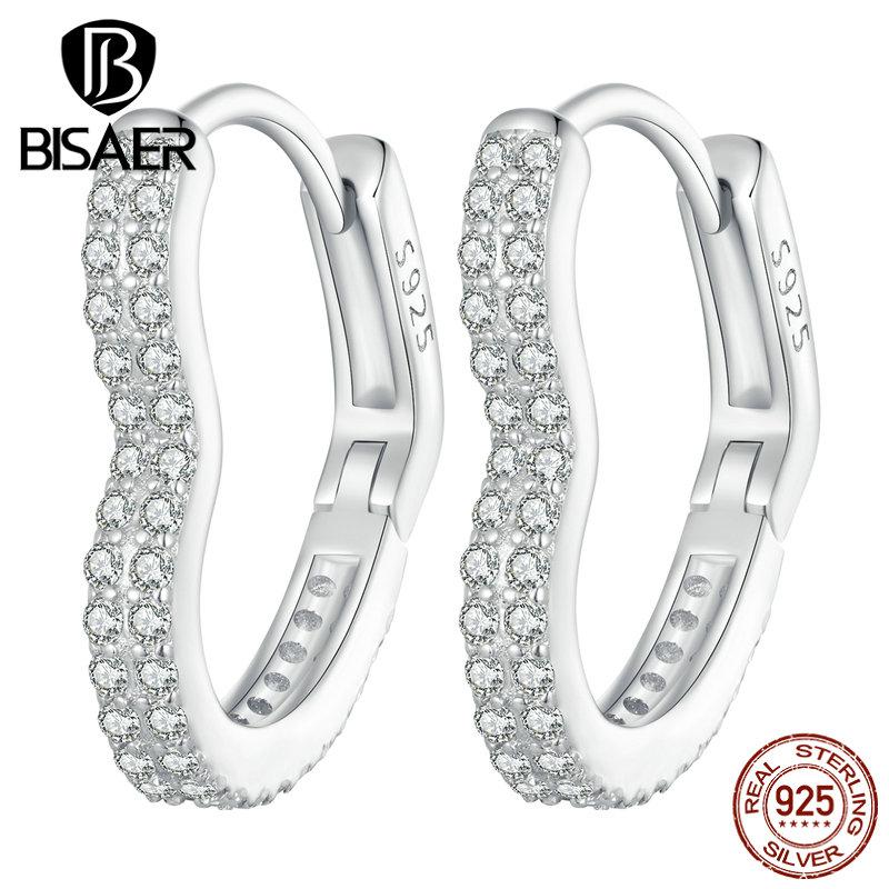 Bisaer 925 Sterling Silver Heart-shaped Ear Buckles Love Hoop Earrings Pave Setting CZ for Women Fine Jewelry Gift