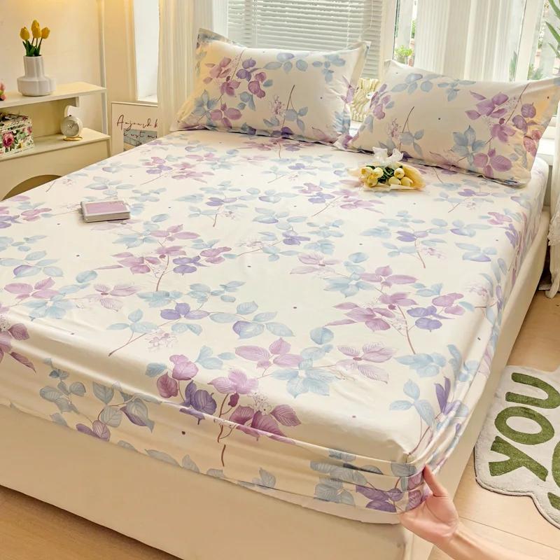 Floral Leaves Pattern Fitted Sheet Set 100% Cotton Comfortable Soft Bedding Set Plants Printed Mattress Cover with Pillowcases