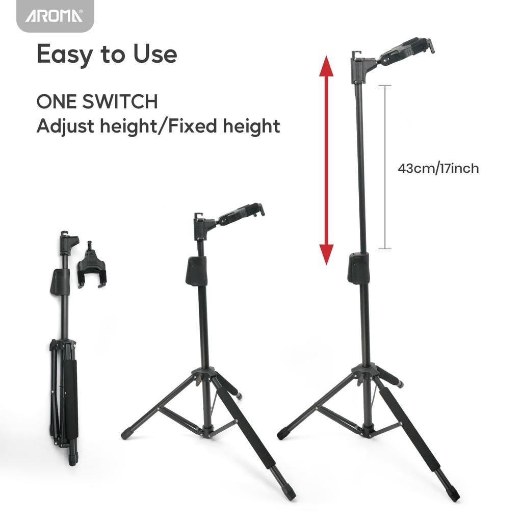 Aroma Portable Guitar Floor Stand with Neck Height Stable Compatible with Guitars and Basses Stand, Tripod-Style Auto-Lock Holder, One-Touch