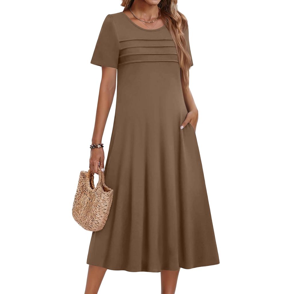 Женское повседневное модное платье с короткими рукавами и круглым вырезом.