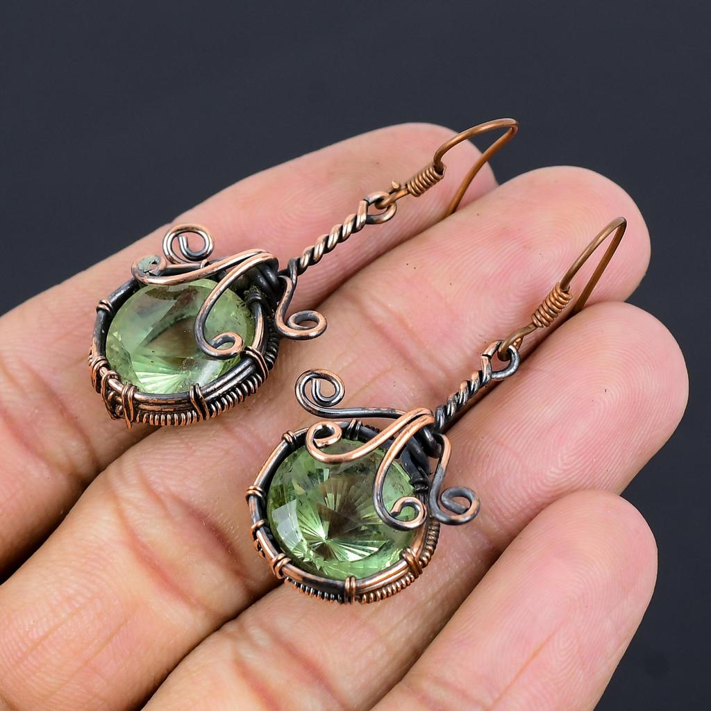 Серьги с зеленым аметистом, Серьги, обернутые медной проволокой 999 пробы, Винтажные украшения ручной работы, Подарок на День матери
