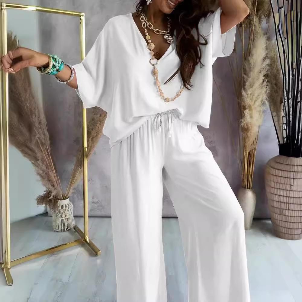 Летний повседневный свободный комплект из двух предметов, женские брюки с V-образным вырезом, элегантные женские домашние наряды с рукавами «летучая мышь»