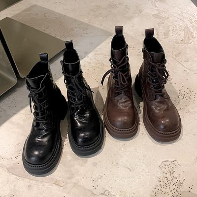 Хуэйчжоу женские осенне-зимние ботинки Мартин из вымытой усадочной кожи с круглым носком на толстой подошве в ретро-стиле, коричневые короткие ботинки на шнуровке