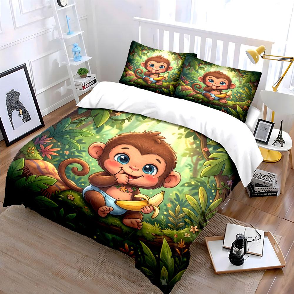 Милая обезьянка в лесу Мультяшный Комплект Постельного Белья 1 Пододеяльник 2 Наволочки для Взрослых и Детей Роскошный Подарок Полный Размер