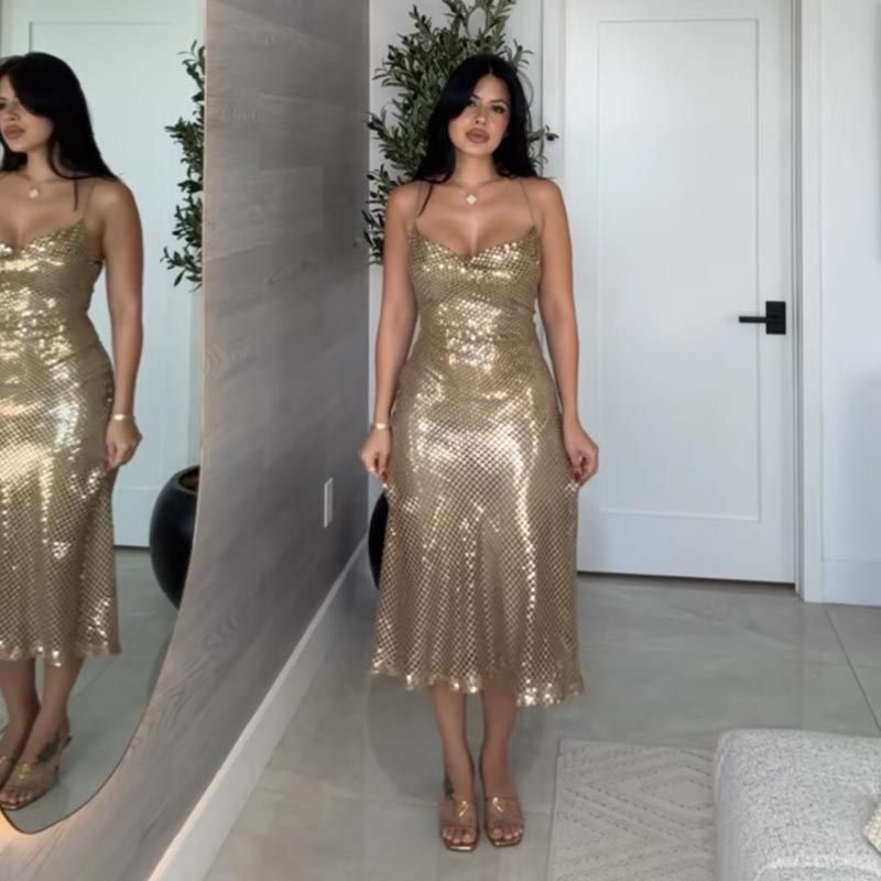Сексуальное блестящее длинное платье с бретельками через шею, женское элегантное платье без рукавов с открытой спиной и V-образным вырезом, с высокой талией, блестящее вечернее платье А-силуэта, новая мода