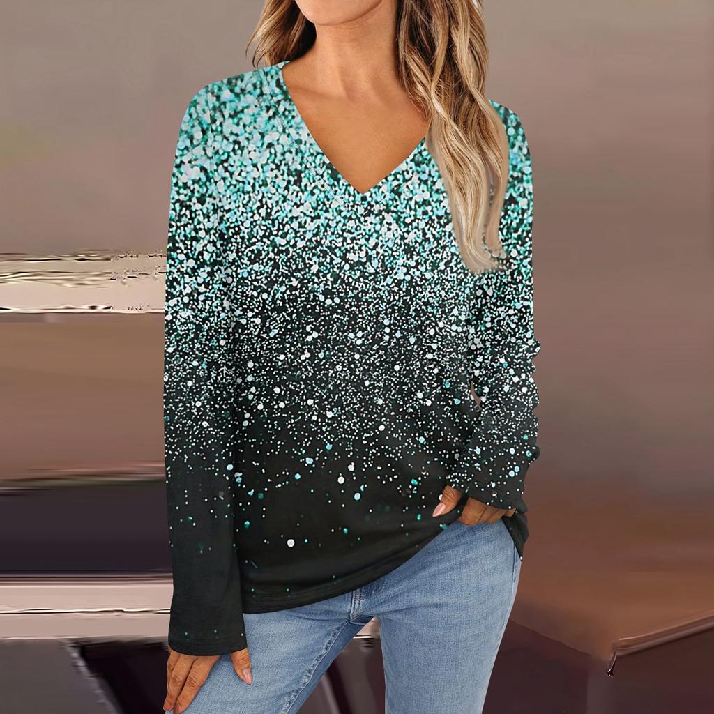 Women's Fashion Casual V Neck Long Sleeve Printed T-Shirt Ladies Top