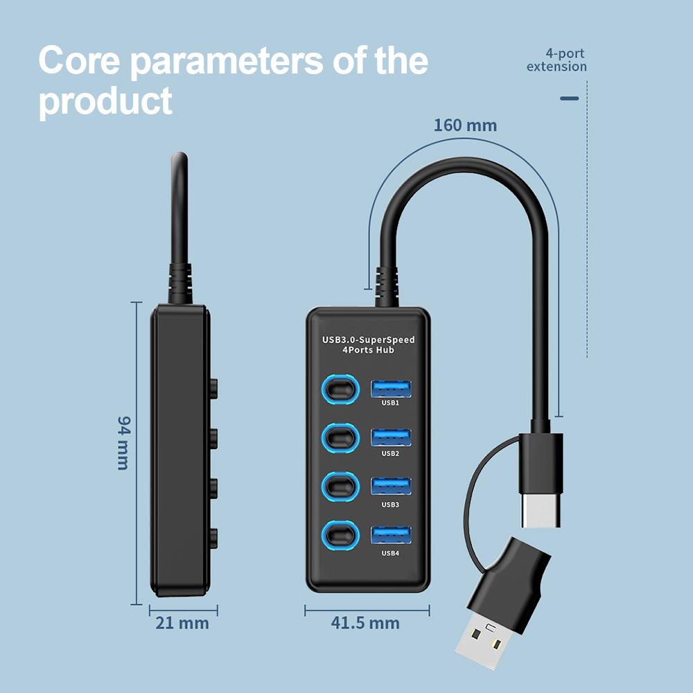 KEBIDUMEI USB-хаб на 7 портов USB 3.0, разветвитель 5 Гбит/с с индивидуальными переключателями, адаптер питания для ноутбука, расширитель USB-портов, USB-C док-станция