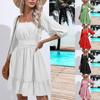 Women's Summer Tie-Dress Square Neck Ruffle Puff Five-Point Sleeve Tie-Drape Off-Shoulder A-Line Casual Dress