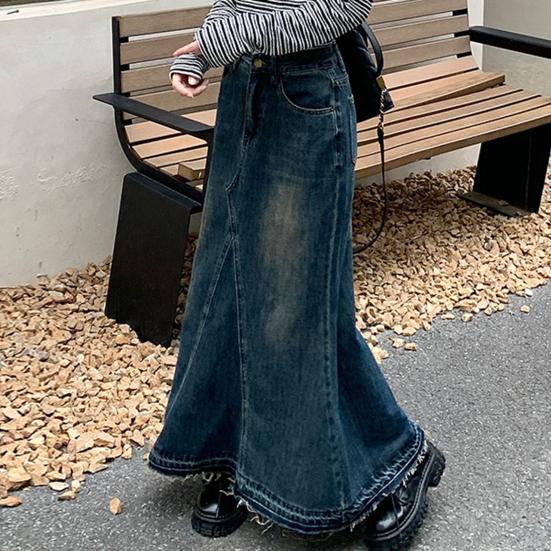Women Skirt A-line Big Swing Denim Retro Pockets Patchwork Solid Color High Waist Button Zipper Closure Ankle Length Ripped Edge Lady Maxi Skirt