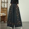 Large Size Women Wide Leg Denim Pants Elastic Waist Floral Print Vintage Jeans Oversized Baggy Straight All-Match Romantic Ladies' Jeans