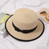 Summer new hat women's small fresh top hat bow flat top hemming straw hat outdoor sunshade sun protection beach hat