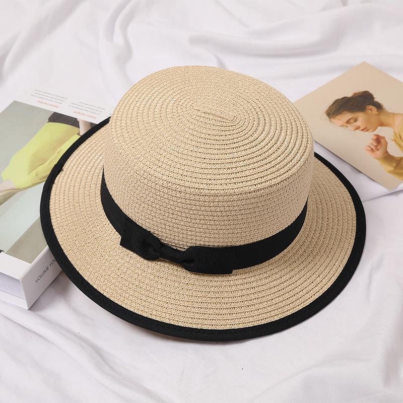 Summer new hat women's small fresh top hat bow flat top hemming straw hat outdoor sunshade sun protection beach hat