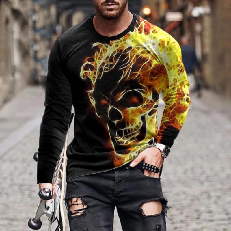 Men's Spring and Autumn Long Sleeve T-shirt Men's Loose Round Neck Hoodie 3D Printed Printed Long Sleeve Top