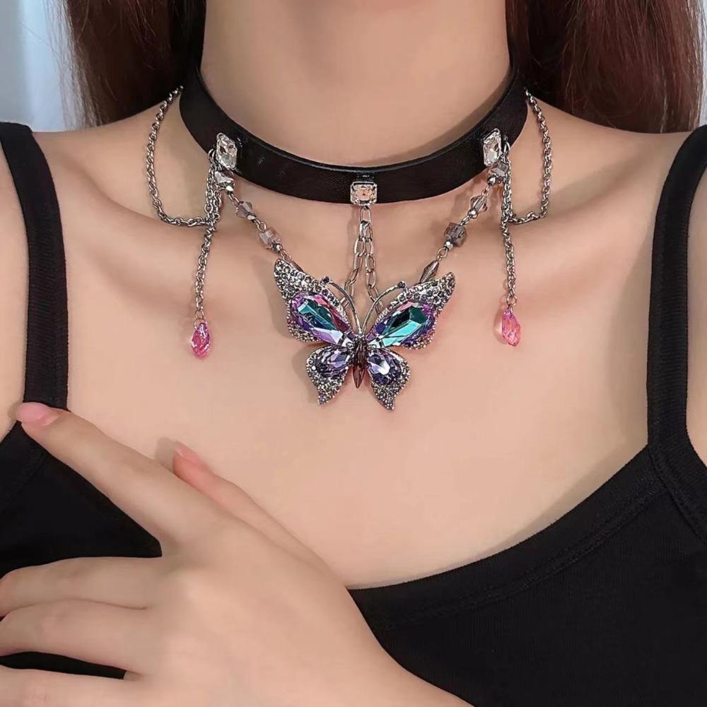 PU Leather Rhinestone Choker Crystal Women Accessory Fashion Butterfly Pendant Necklace Party