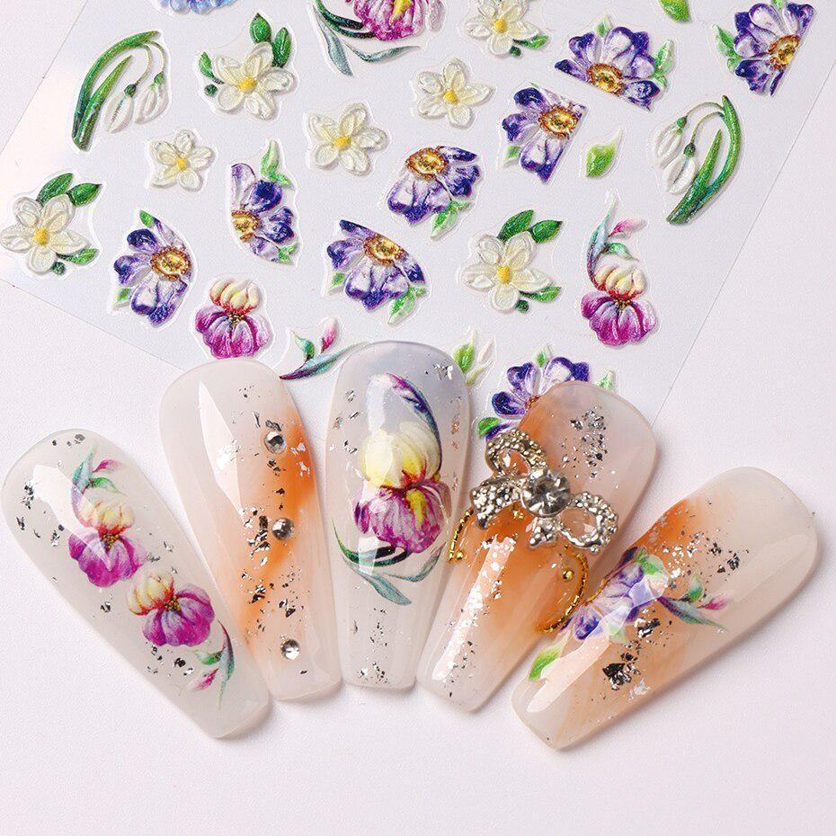 5D акварельные цветочные наклейки для ногтей с голографическими акцентами в виде листьев в фиолетовом и белом цветах