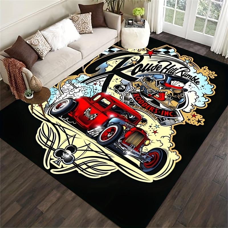 Винтажный ковер с принтом Hot Rod, Коврик для пола House Rock Rumble Skulls для спальни, гаража, Ковер для мужской комнаты, Моющийся ковер