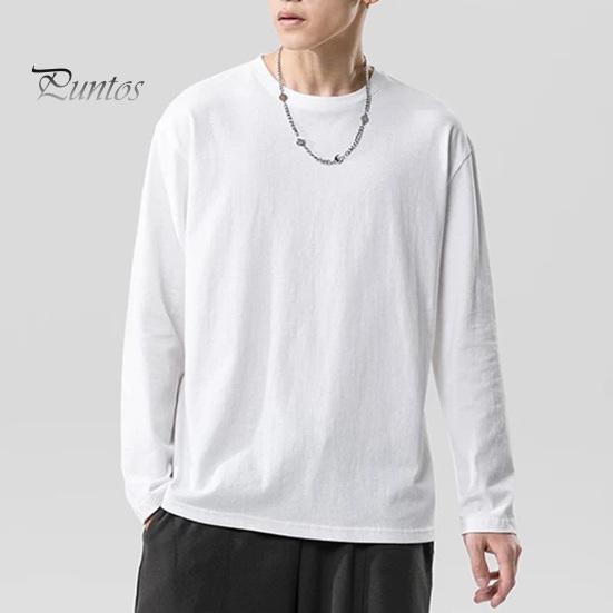 Мужская рубашка с круглым вырезом и длинным рукавом, мягкая дышащая футболка, однотонная, свободный крой, весна-лето, повседневные топы