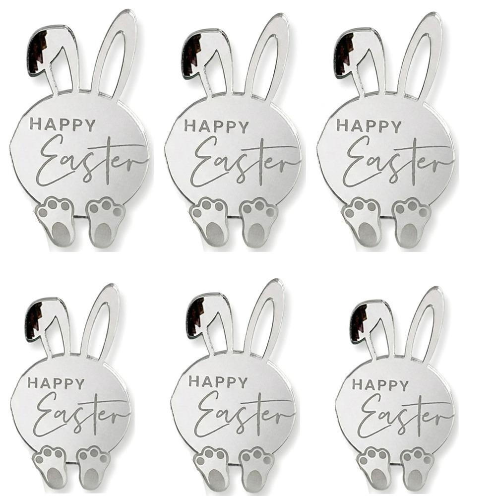 6pcs Cartoon Rabbit Cake Toppers Happy Easter Acrylic Bunny Pattern Tags Mirror Finish Easter Bunny Ornament Gift Tags