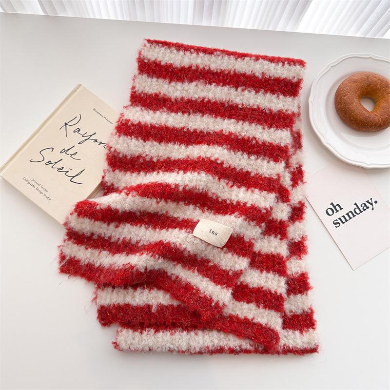Small Fresh Literary And Artistic Color Matching Wool Knitted Scarf Medium And Long Shawl Scarf Versatile Warm For Women
