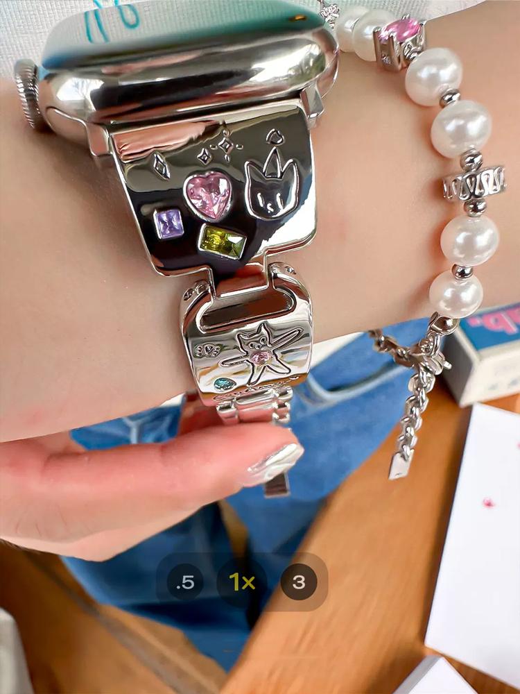 Cute Cat Glossy Metal Band For iWatch Ultra 9 8 7 42mm 45mm 49mm Diamond Bracelet Strap For Apple Watch 38mm 40mm 41mm 6 5 SE 4