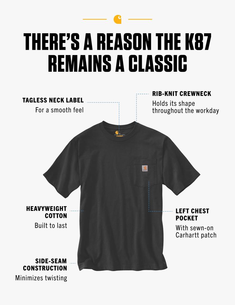 Футболка Carhartt K87 Workwear с коротким рукавом, карманами и большим размером для высоких, черная, мужская (Обычные и размеры) Размер Цвет