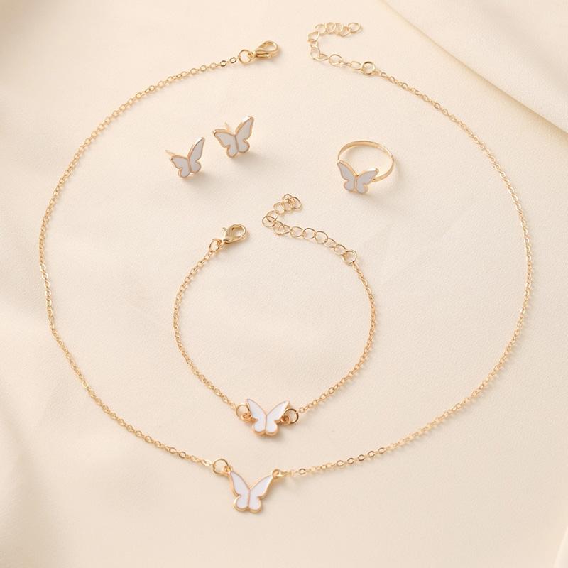 New Personalized Butterfly Glazed Bracelet Ring Necklace Earring, Exquisite Small and Fashionableand High Sense Collar Chain Set