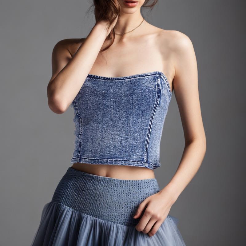 Spring 2025 European & American Sexy Washed Denim Zipper Tube Top
