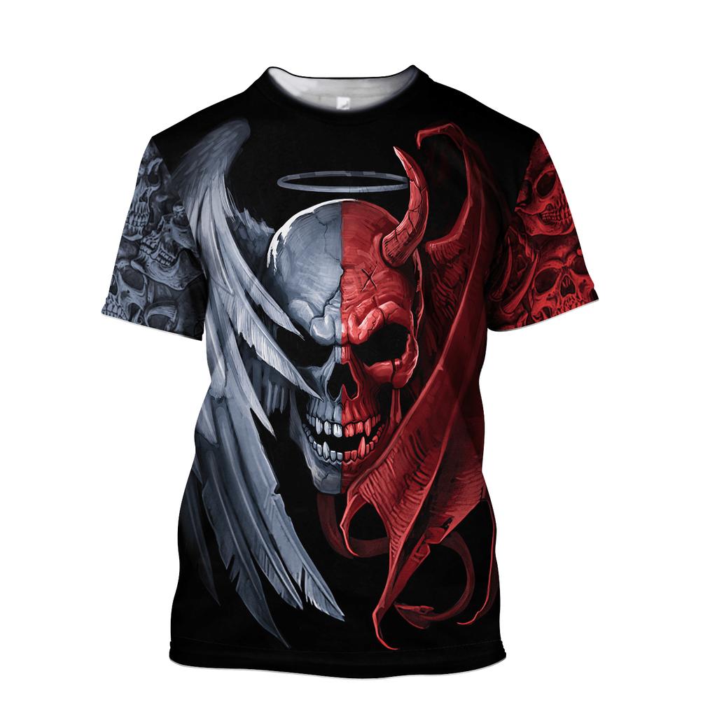 Summer Men T-Shirts 3D Printed Devil and Angel Skull Hip Hop Breathable Casual Round Neck Tops Short Sleeves Clothing