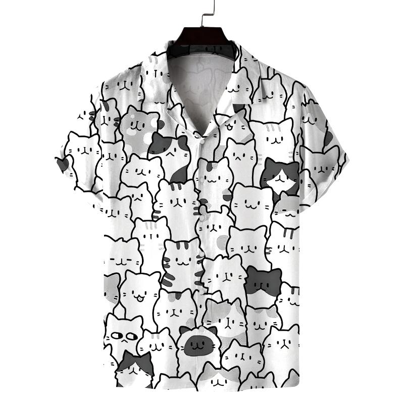 New Summer Shirt Men's Short Cat Pattern 3D Printed Design Casual Commuting Fashion All-Match Personality Breathable Daily