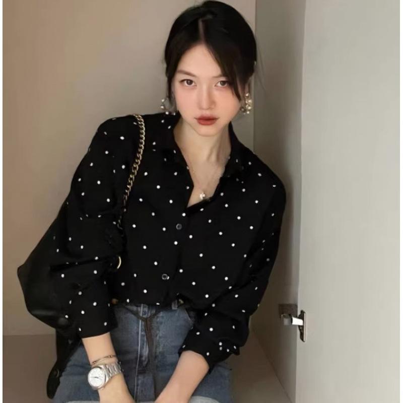 Женская блузка с принтом в горошек, длинный рукав, свободный отложной воротник, женские рубашки