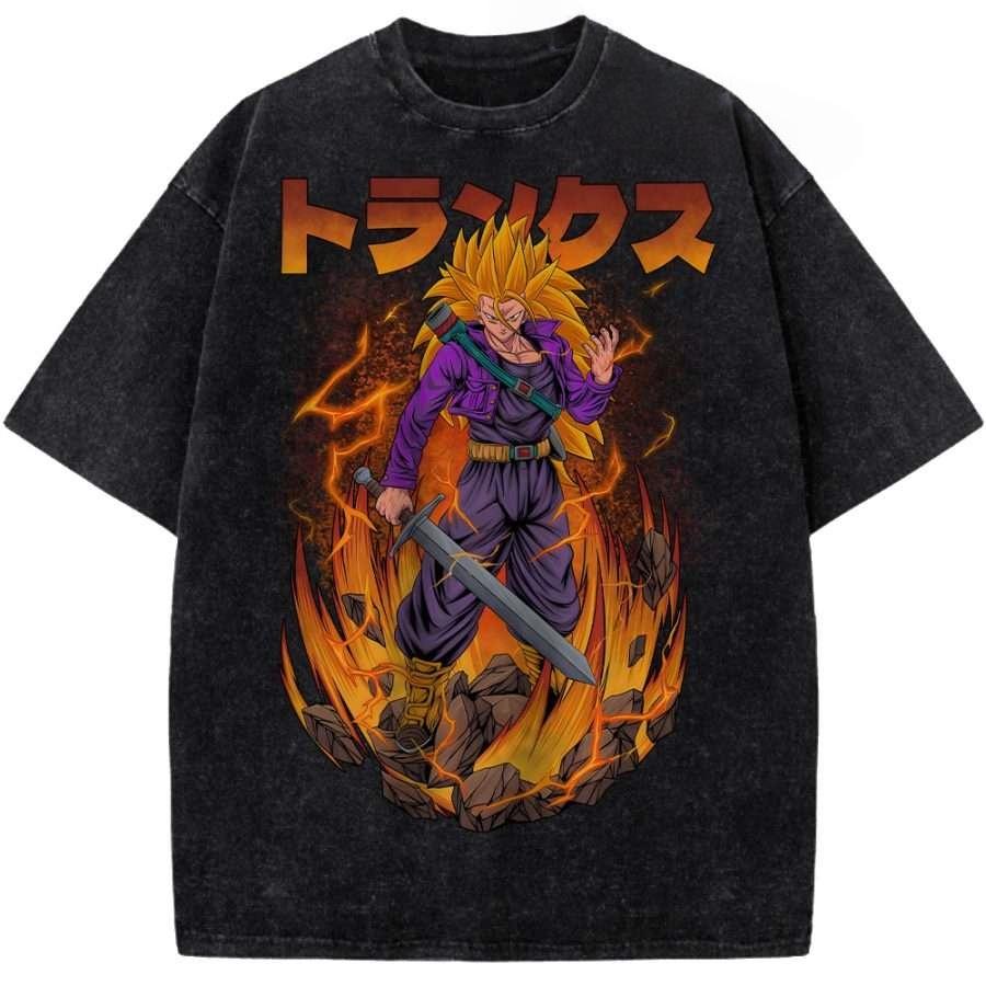 Dragon Ball Trunks Flame Printed Tshirt Mens and Womens Washed Tshirt High Quality Vintage Cotton Tshirt Harajuku Tops