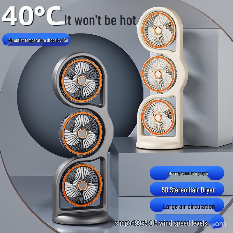 Portable USB Rechargeable Three-Head Timer Fan for Desktop & Outdoor Camping