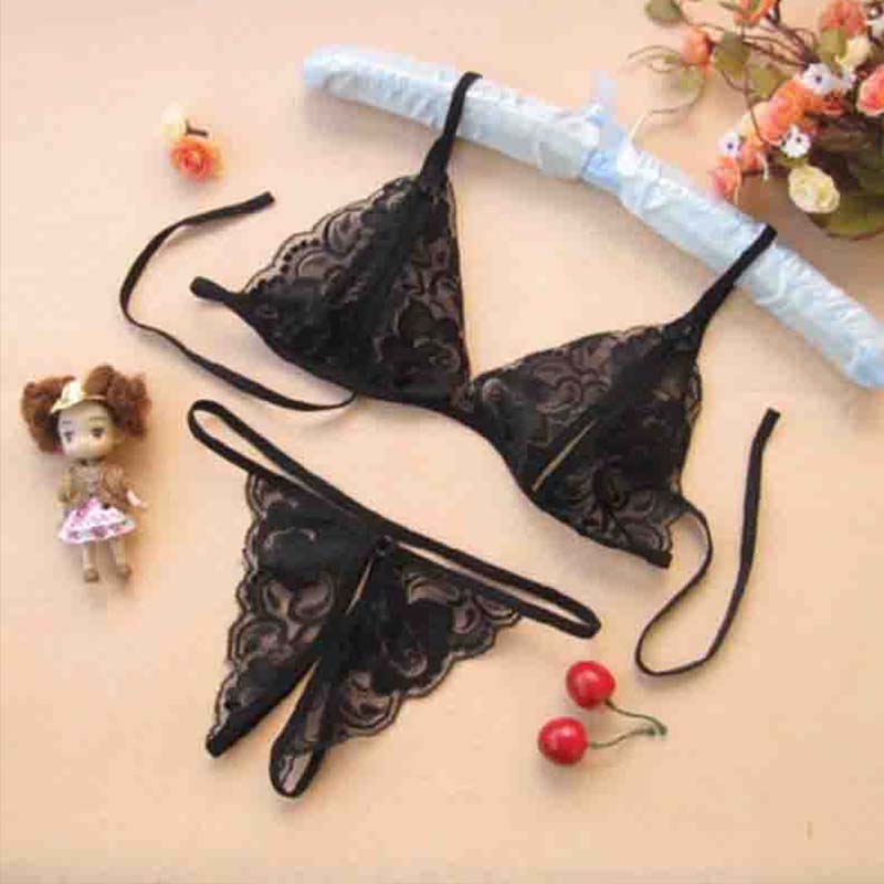 Women Sexy Lace Bra Panties Set Sexy Transparent Lingerie Set Female Low Waist Hallow Out G-String Thongs Underwear Briefs
