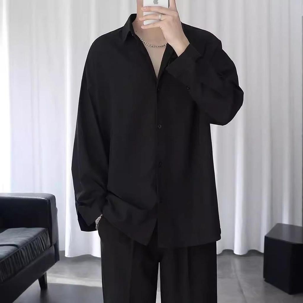 Men's Black Loose-Fit Long Sleeve Shirt - Trendy Spring/Summer/Autumn Casual Wear with Ice Silk Comfort