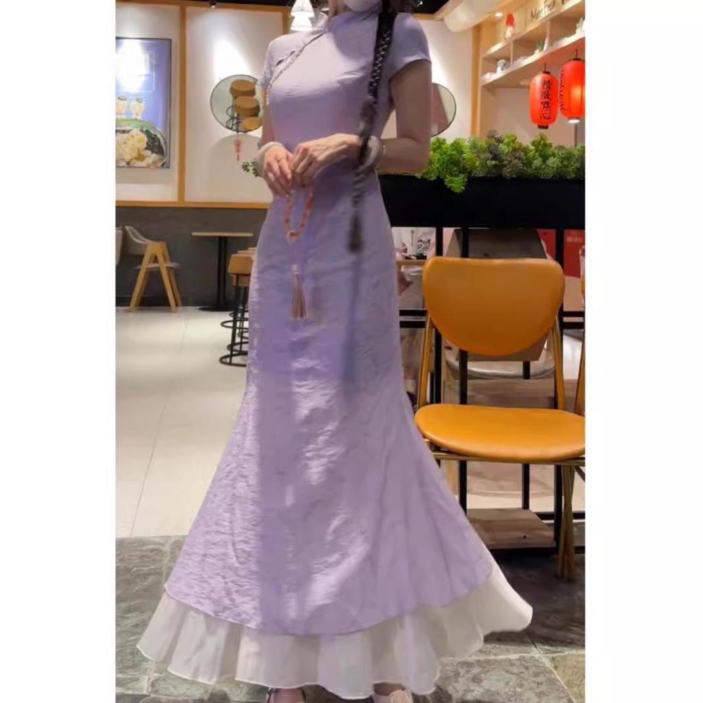 Ретро китайское ципао со стойкой: Пошаговое платье-слим с лотосом