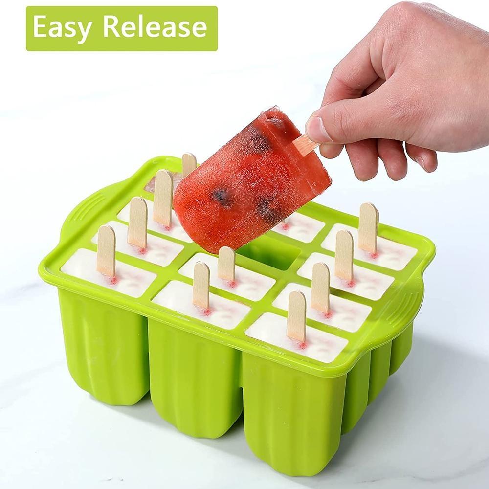 Popsicles Molds Set 12 Cavity Homemade Maker Ice Pop Mold Silicone Freezer Molds with 50 Popsicle Sticks 50 Popsicle Bags 50 Ties Funnel and Brush