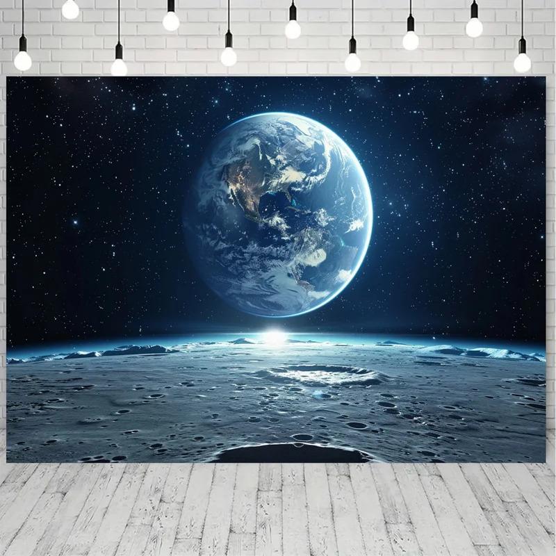 1 piece, 2D flat design, 1 space-themed backdrop banner, universe photography wall banner, Earth and lunar surfaces, wsj