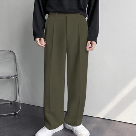 Men Suit Pants High Waist Button Zipper Fly Straight Wide Leg Long Pants with Pockets Solid Color Casual Trousers Daily Wear