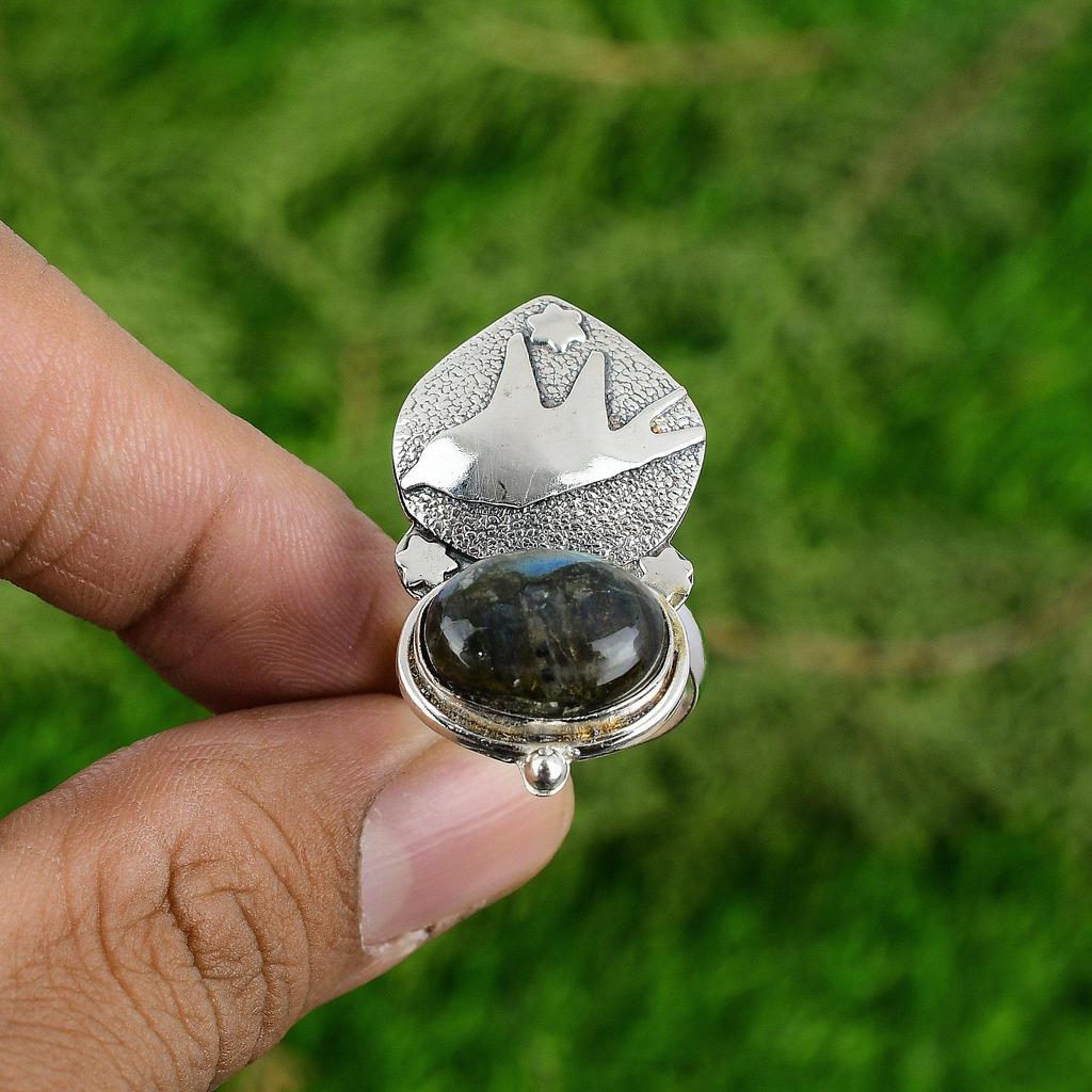 Подарок для женщин Наборное кольцо с птицей, регулируемое, серебро 925 пробы, натуральный лабрадорит