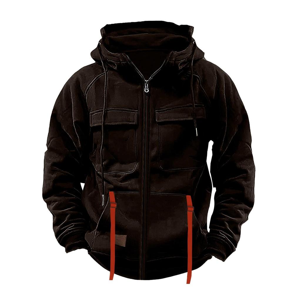 Men's Fashionable Solid Color Long Sleeve Hooded Loose Sweatshirt Sports Multi Pocket Sweatshirt Jacket