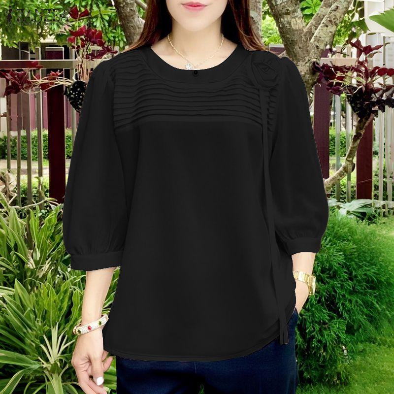 ZANZEA Женская повседневная однотонная блузка с круглым вырезом и коротким рукавом