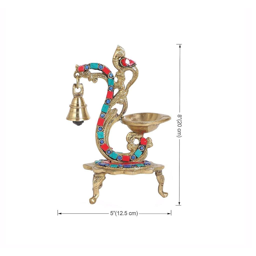 Gemstone Work Ethnic Carved Peacock Design Brass Diya with Bell, Brass Antique Oil Lamp, Brass Diyas for Home, Latest