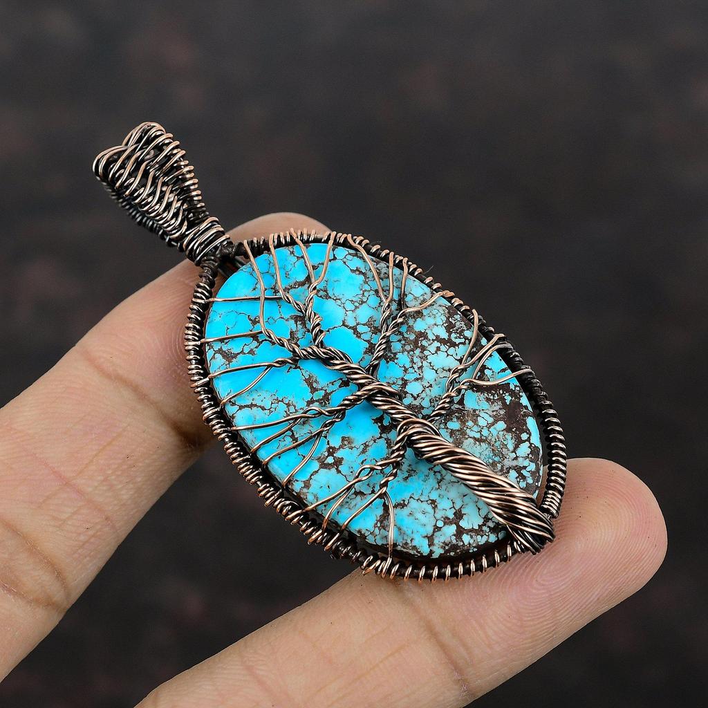 Кулон Древо Жизни с тибетской бирюзой, обмотанный медной проволокой, кулон ручной работы, медные украшения в подарок, кулон с драгоценным камнем для женщин