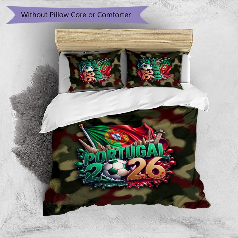 Portugal Football Printed Bedding 3 Piece Set Cozy Breathable Bed Cover Set as Housewarming Holiday Gift
