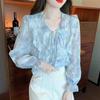 Осенняя мода 2024 года, повседневная шифоновая блузка с длинным рукавом и V-образным вырезом, с оборками и принтом, женская блузка, топы, рубашки J520