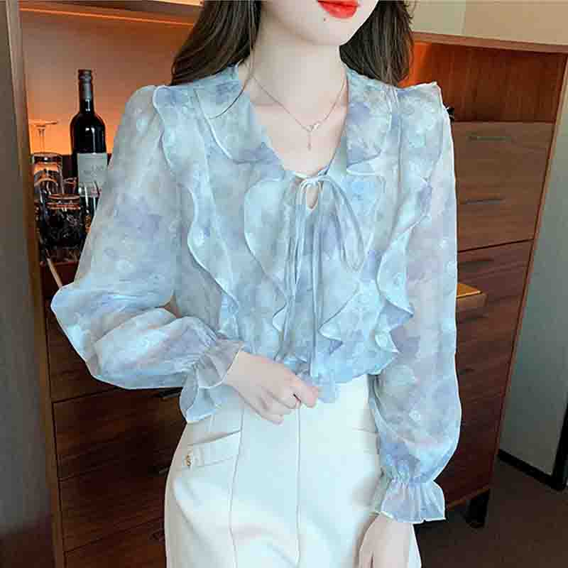 Осенняя мода 2024 года, повседневная шифоновая блузка с длинным рукавом и V-образным вырезом, с оборками и принтом, женская блузка, топы, рубашки J520