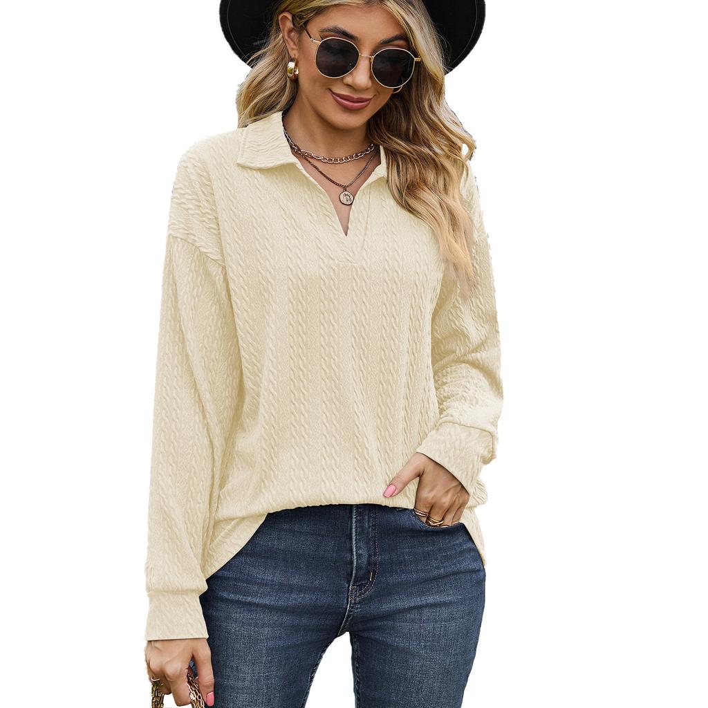 Spring and Autumn Women's Blouse Solid Color Lapel Loose Sweatshirt Long Sleeve Top
