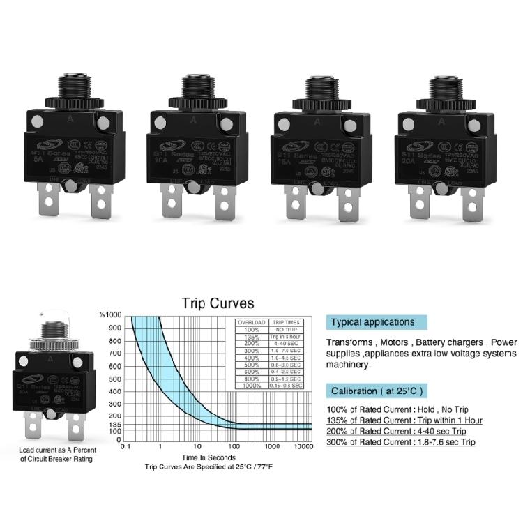 5A/10A/15A/20A Overload Protector Push Button with Waterproof Cover Circuit Breaker Over Current Protection Switch