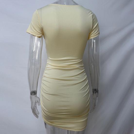 Женское платье-футляр с глубоким V-образным вырезом, плиссированными узкими короткими рукавами, сплошной цвет, узкая высокая талия, мягкое эластичное женское вечернее мини-платье для ночного клуба